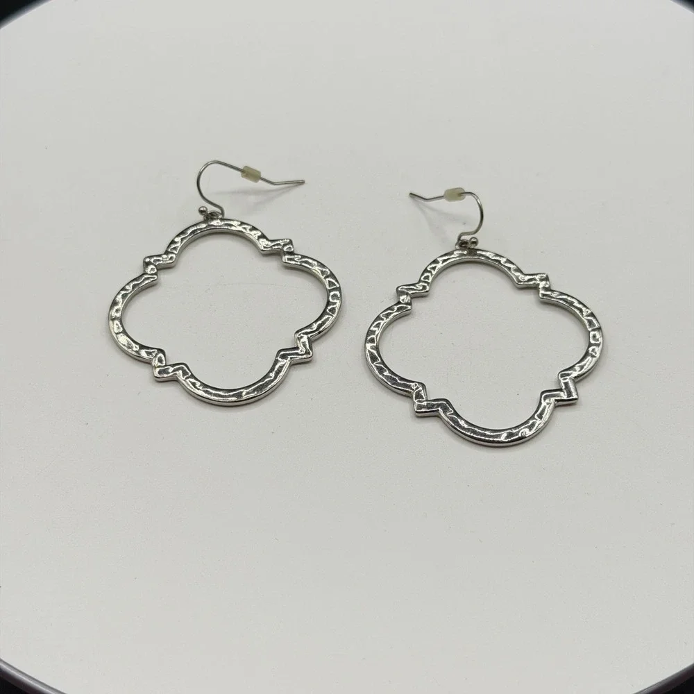 Silver Tone Hammered Quatrefoil Dangle Earrings Large Boho Statement Jewelry